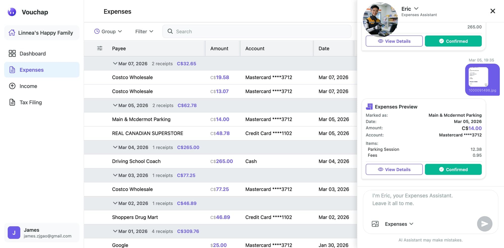 Client receipts list with categorized transactions in Vouchap