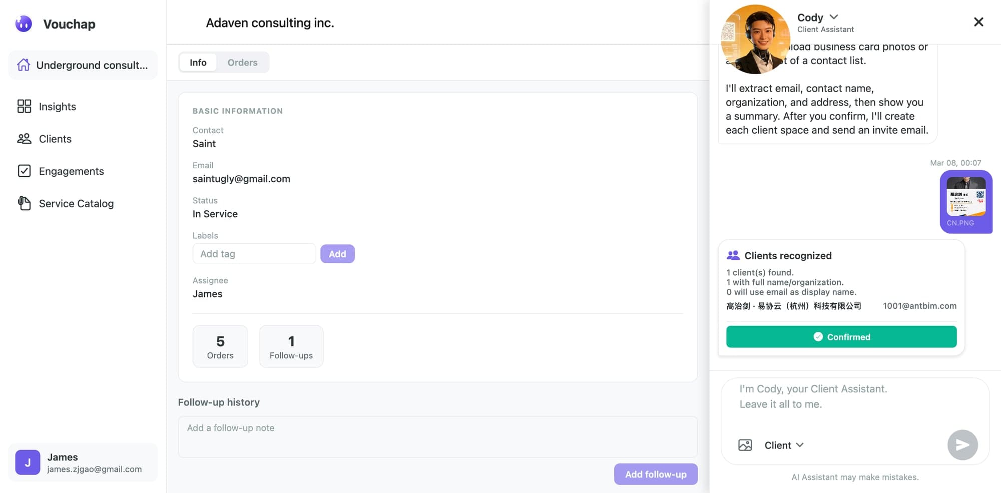 Firm client detail view with tags, assignee, and follow-ups