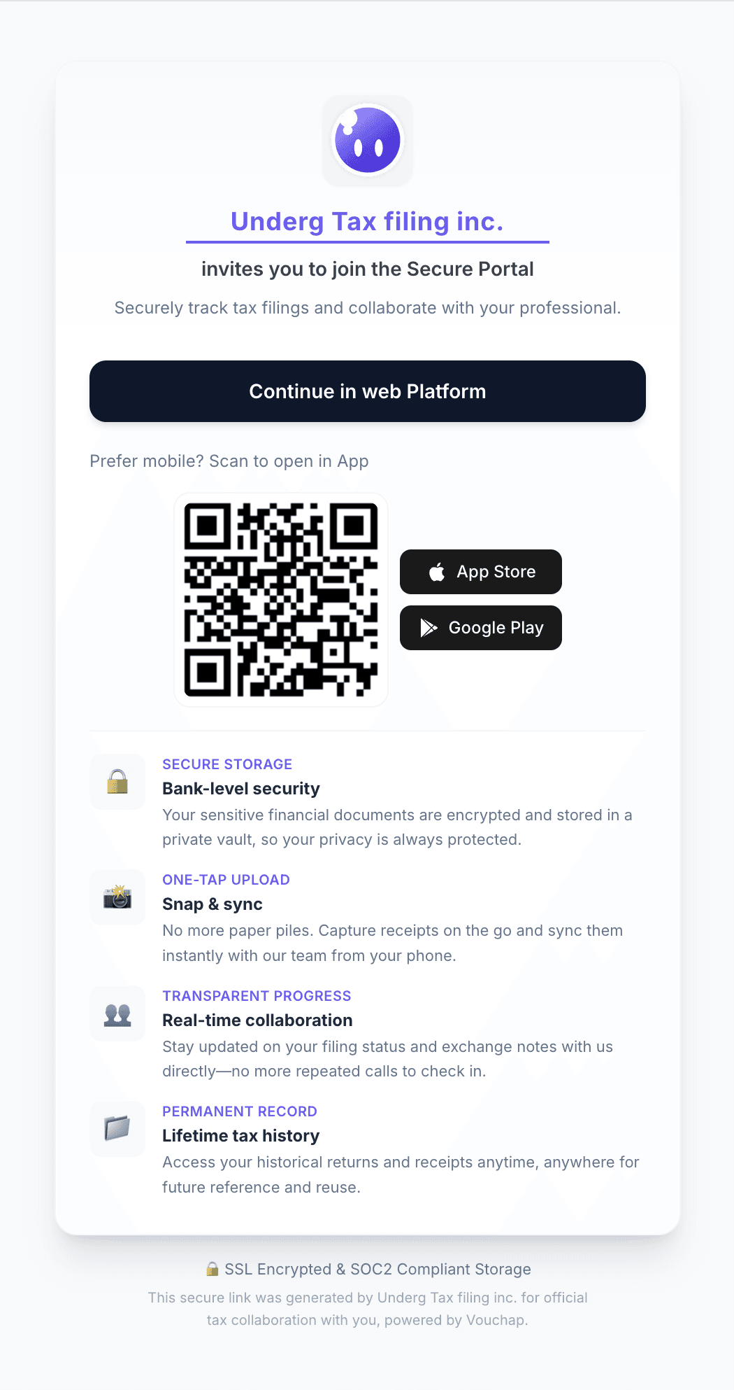 Client invite landing page for joining a secure Vouchap portal