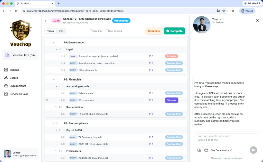 Firm engagement workspace with firm/client tasks and Tina tax assistant