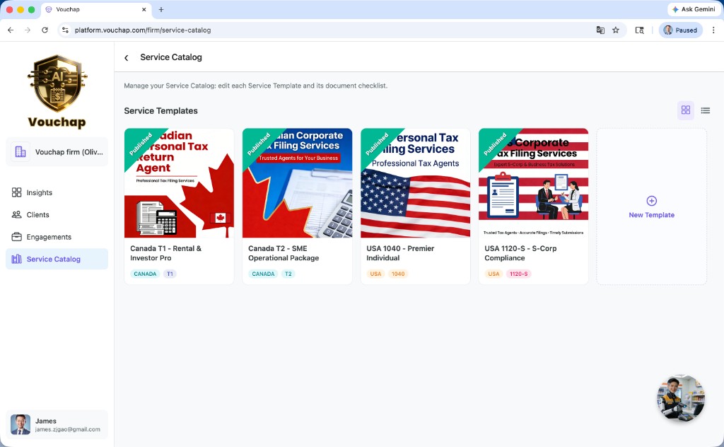 Firm Service Catalog with published US and Canada tax service templates
