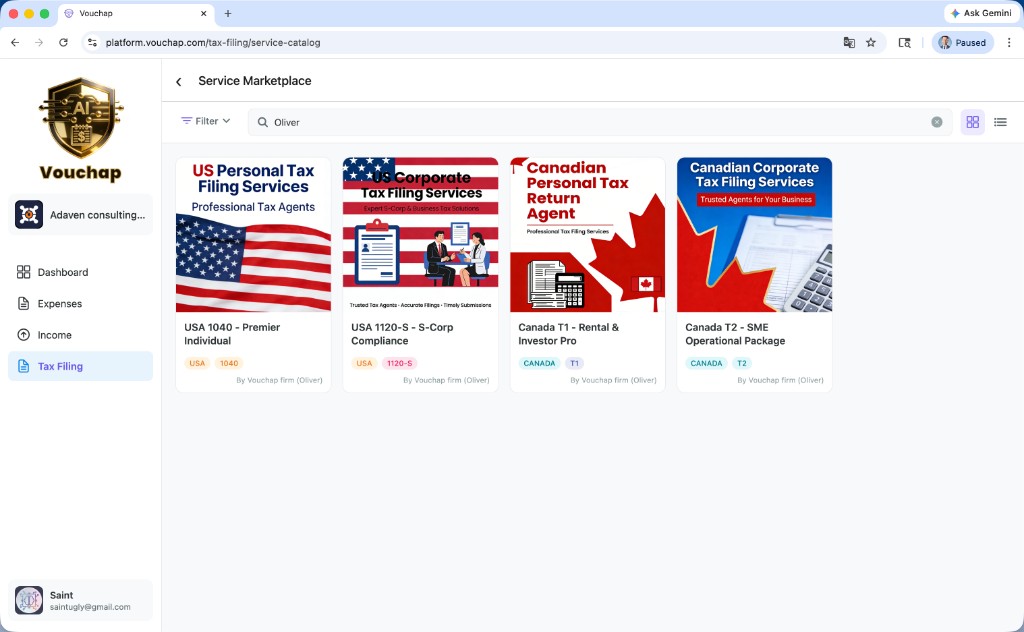Vouchap Service Marketplace with US and Canada tax service cards